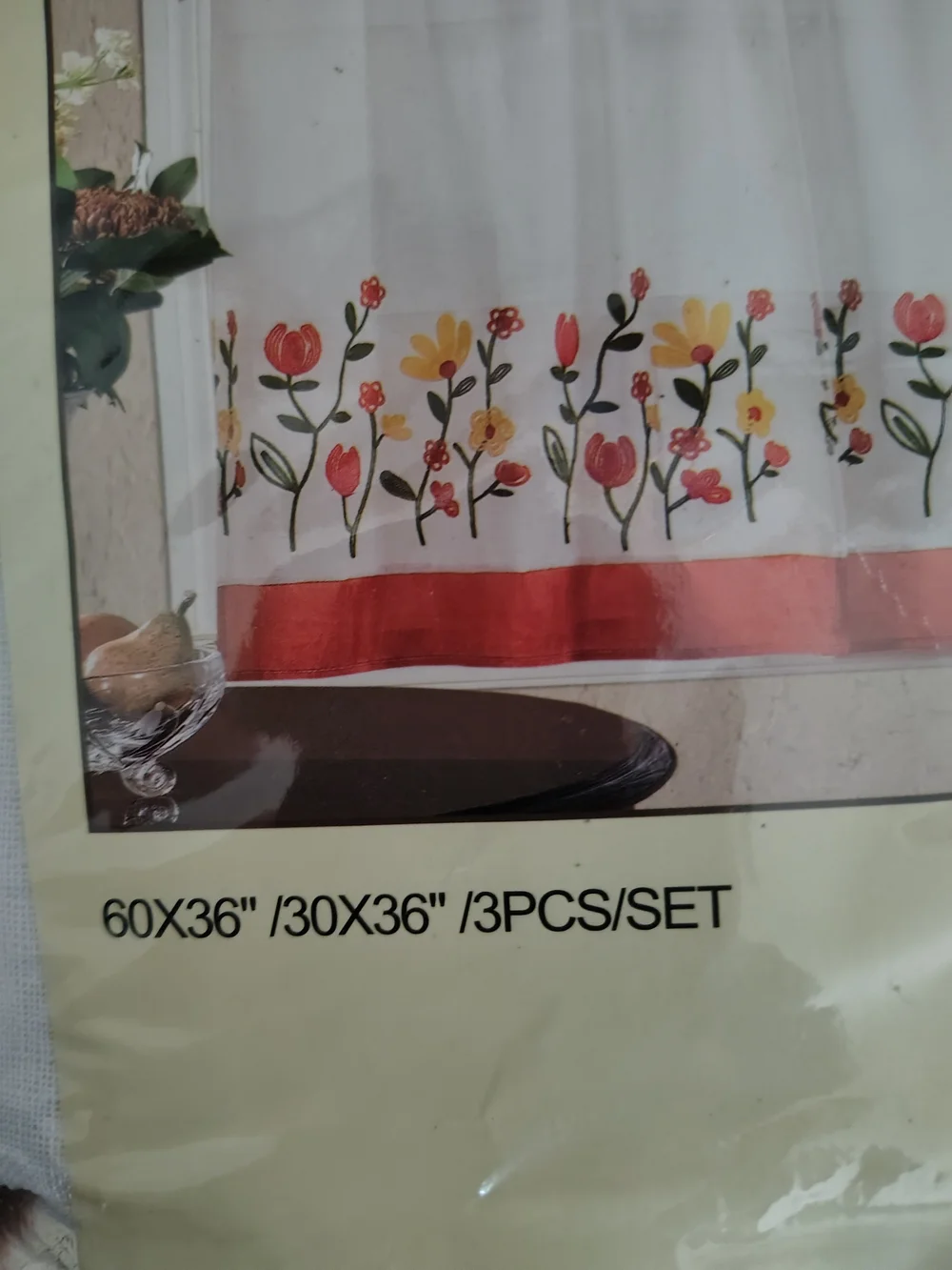 Floral Embroidered Kitchen Curtain Set - Coral and White (NEVER USED)
